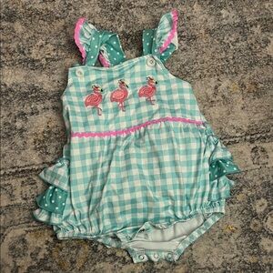 Aqua Checkered Kids One Piece with Flamingo Design